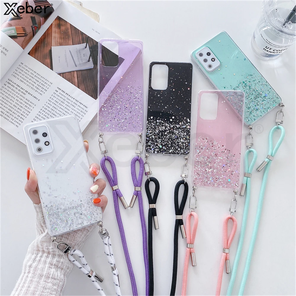 Crossbody Lanyard Strap Glitter Cell Phone Case with Silicone Cover