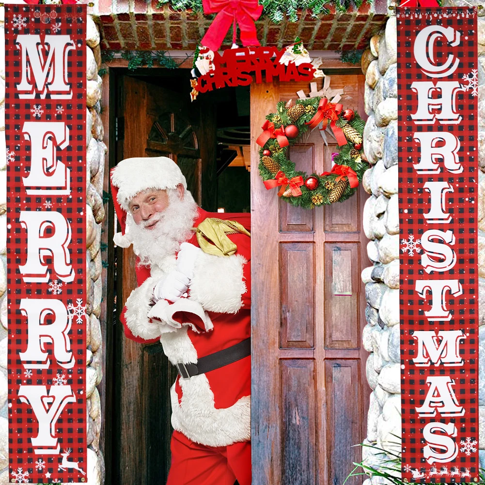

Red And Black Plaid Porch Sign Merry Christmas Banner New Year Xmas Decorations Banners for Home Wall Door Party Outdoor Indood