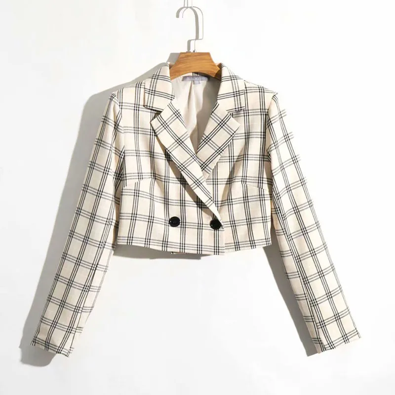 Great Value Hot sale 2019 autumn women's new England style long sleeve double-breasted notched short small suit jacket plaid skirt Suit