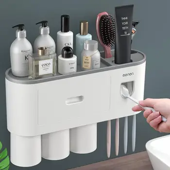 

Bathroom Accessories organizer Set Toothbrush Holder Automatic Toothpaste Dispenser Holder Toothbrush Wall Mount Rack