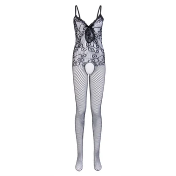 

Women Tights Sleeveless Spaghetti Strap Big Open V-Neck Exposed Navel Bow Decorated Lace Up Printed Hollow Out Stockings