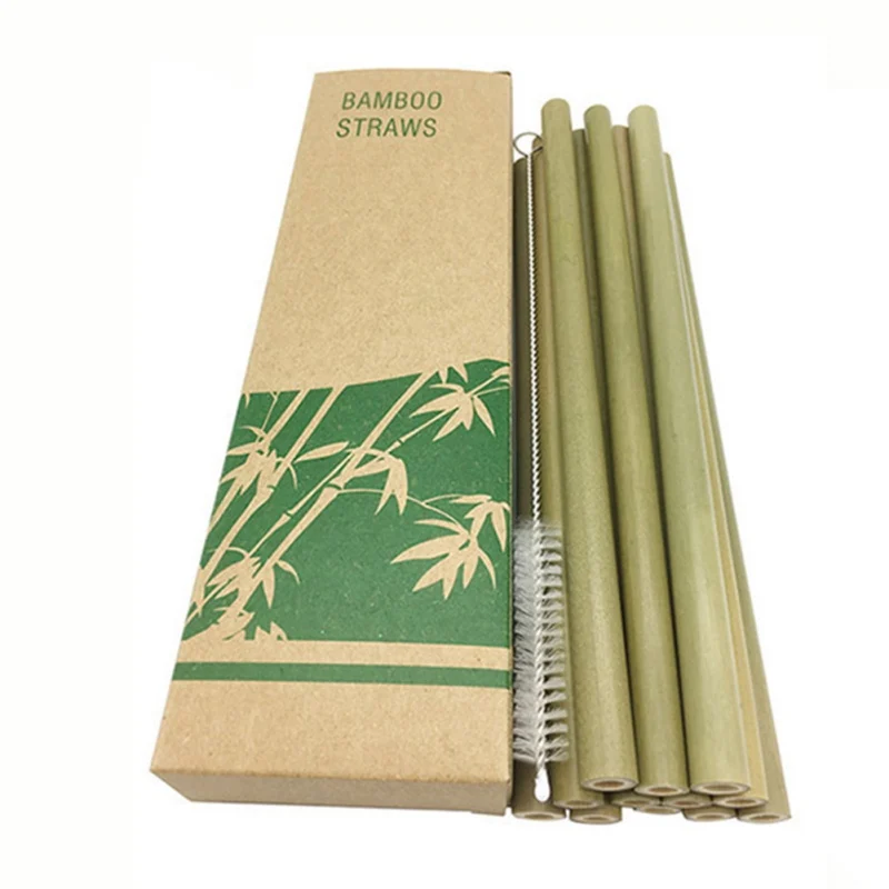 10/12pcs Bamboo Drinking Straws Reusable Eco-Friendly Party Kitchen Bamboo Straws With Clean Brush Household Utensils - Цвет: A-12PCS