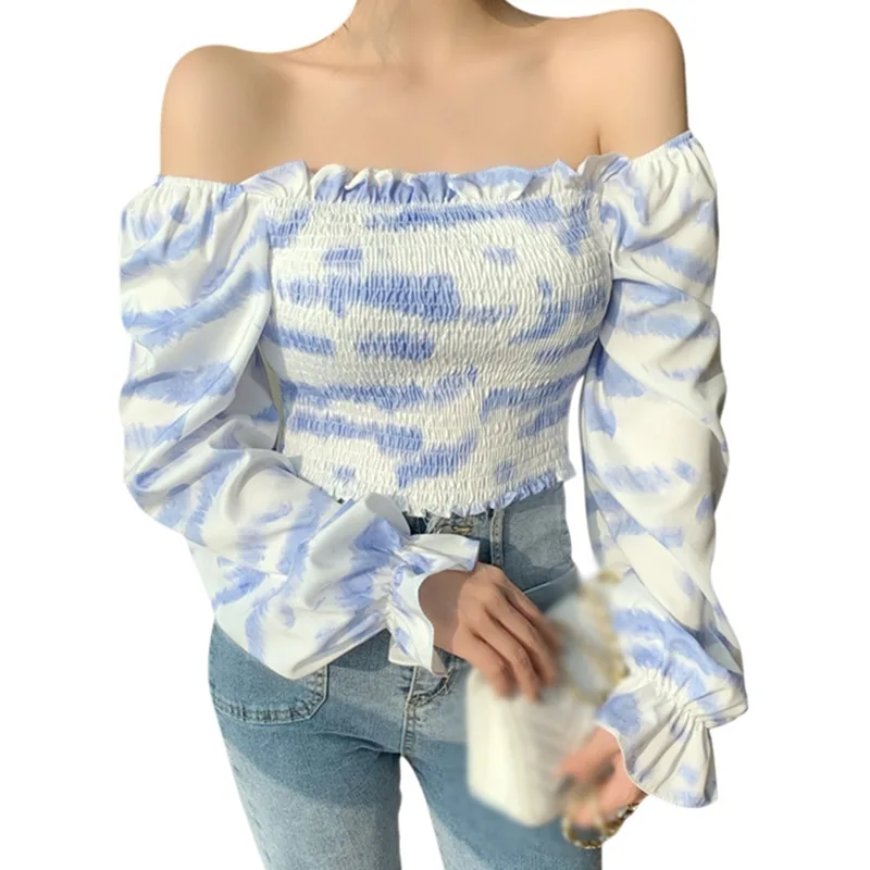 

Women Shirt Korean Style Blouses Square Neck Blouses Tie-Dye Puff Sleeves Pleated Long-Sleeved Chiffon Camisa Saco One Size