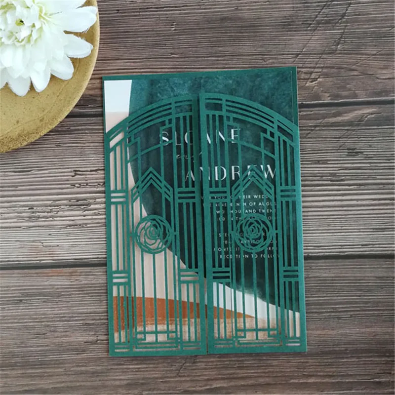 

Green Wedding Invitation Elegant Personalized Invite Gate fold laser cut Fall Winter wedding card