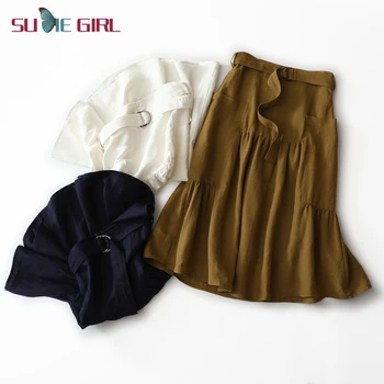 

SUDIE Girl Mori Department Harajuku style! Natural cotton and linen niche high waist cake lotus leaf swing high waist skirt