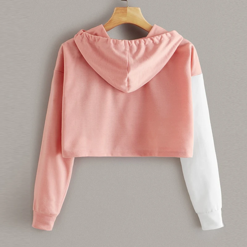 Dotfashion Розовый Повседневный контрастный блесток Деталь лоскутное шнурок толстовки дамы Colorblock укороченный с капюшоном Толстовка