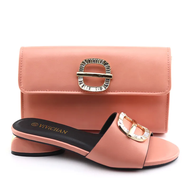 

2019 african aso ebi party peach italian shoes and bag matching set for old lady dance shoes and clutches bag SB8417-3