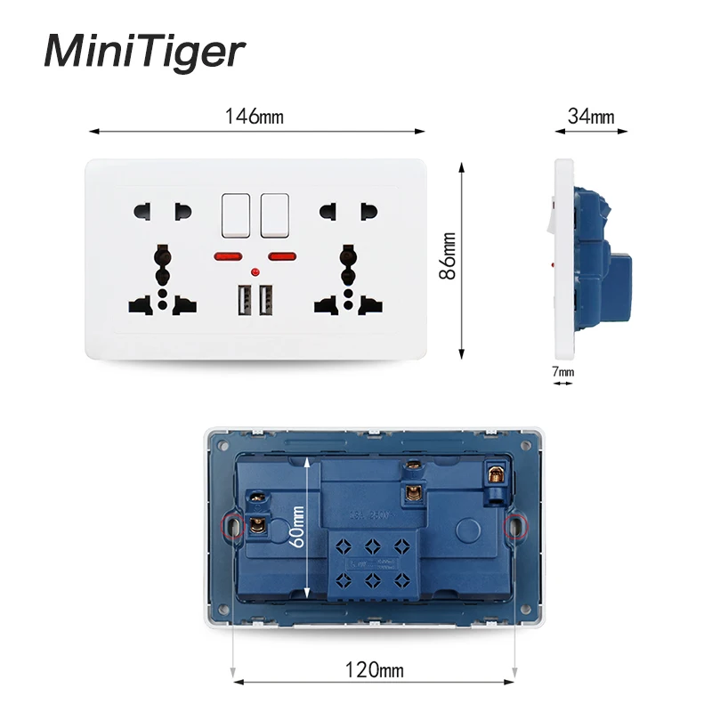 Minitiger 2.1A двойной USB зарядное устройство Порт светодиодный индикатор настенный разъем питания двойной Универсальный 5 отверстий переключаемый выход 146 мм* 86 мм