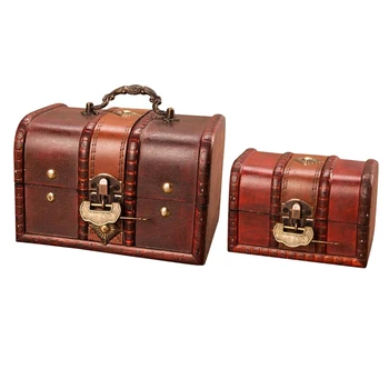 

Wooden Treasure Chest Box, Set of 2 Decorative Wood Storage Trunk for Pirate Jewelry Keepsake(Metal Buckle with Lock)