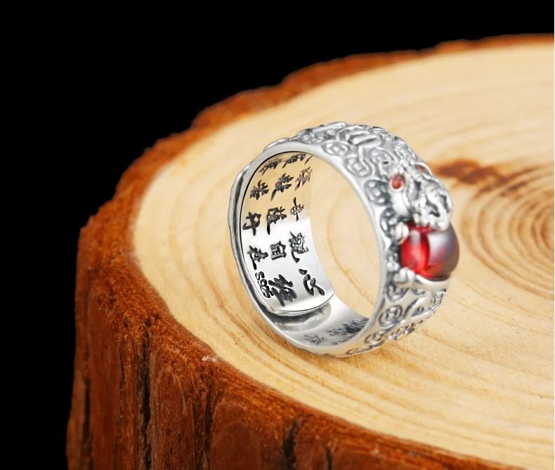 ZABRA 925 Sterling Silver Religion Adjustable Size 7.5 to 11.5 Ring For Women Men Lettering Brave Troops Red Zircon Birthday