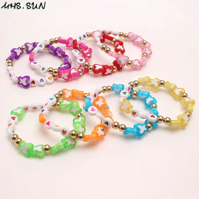 MHS.SUN – Bracelets élastiques pour enfants filles, 4 pièces, bijoux en  perles cœur/papillon, faits à la main, pour cadeau de fête - AliExpress