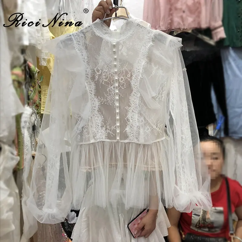 RICININA, кружевная женская рубашка,, круглый вырез, жемчужные пуговицы, открытая сетка, элегантная женская рубашка, белая, Femme, Рубашки, Топы, весна-осень