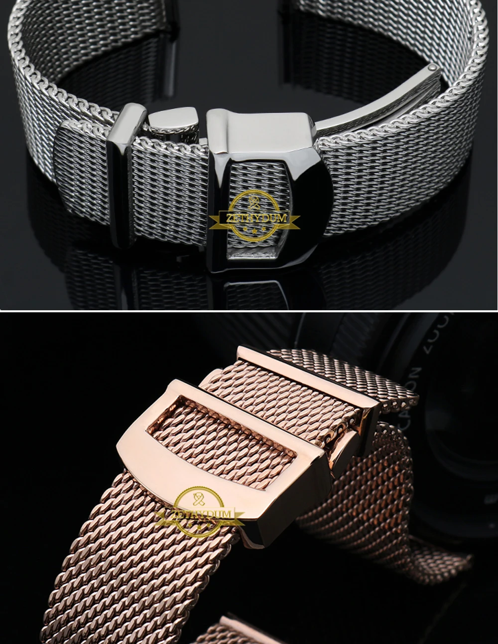High quality 316L stainless steel mesh bracelet 20mm 22mm watchband fold buckle solid metal band steel strap rose gold color