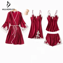 Комплекты летних халатов; 5 цветов; дышащие повседневные кружевные пижамы; тканый халат с короткими рукавами; ночная рубашка; шорты на бретельках; 4 предмета