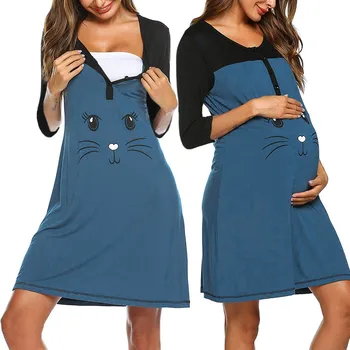 

Pregnancy Autumn Dress Women 3/4 Sleeve Cute Cartoon Print Nursing Breastfeeding Nightdress Robe Grossesse Dress Pregnant S-2XL