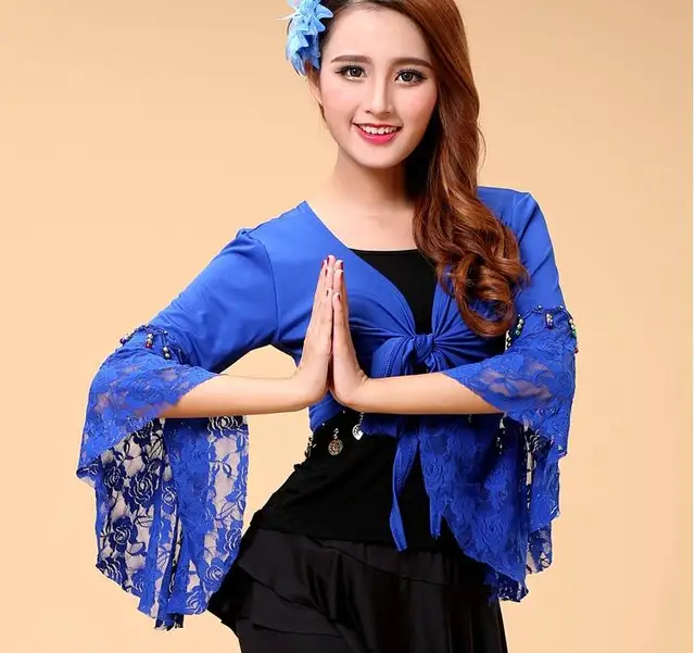 belly dance top women deep v-neck flare sleeve top girls belly dance sexy lace top Blue