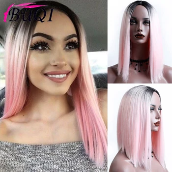 

Buqi 14Inch Straight Short Length Wigs Ombre Pink for Women Middle Part Wigs Dark Roots Heat Resistant Synthetic Wigs
