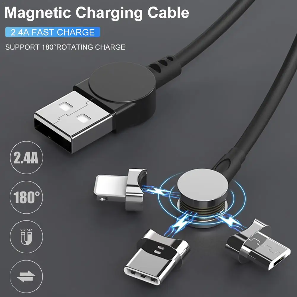Магнитный кабель передачи данных 3 в 1 Магнитный зарядный кабель Micro USB и type C 180 градусов под прямым углом цинковый сплав+ TPE материал
