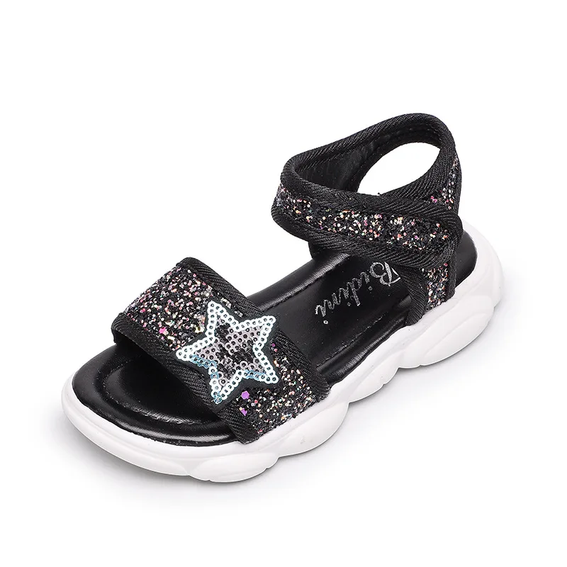 Модные сандалии с блестками для мальчиков и девочек; летняя повседневная обувь для маленьких мальчиков и девочек; обувь принцессы со звездами; нескользящие детские сандалии - Цвет: Black