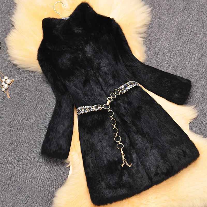 Whole skin real rabbit fur winter coat women long design stand collar warm natural fur jacket outerwear fashion overcoat