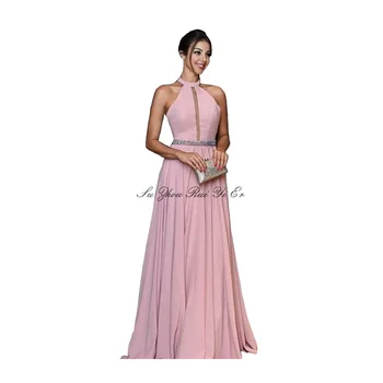 

Halter Evening Dress 2020 Backless Formal Gown Draped Long Dress Chiffon A-line Evening Gown With Sequins Vestidos Elegantes
