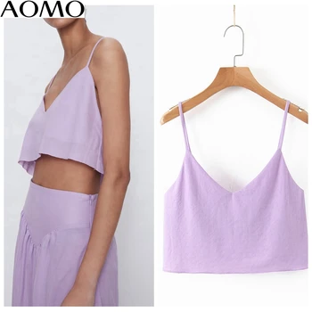 

AOMO 2020 Women purple Tops Sexy V-neck Tanks Strappy Backless Short Tops 2020 Summer Camis SL88A