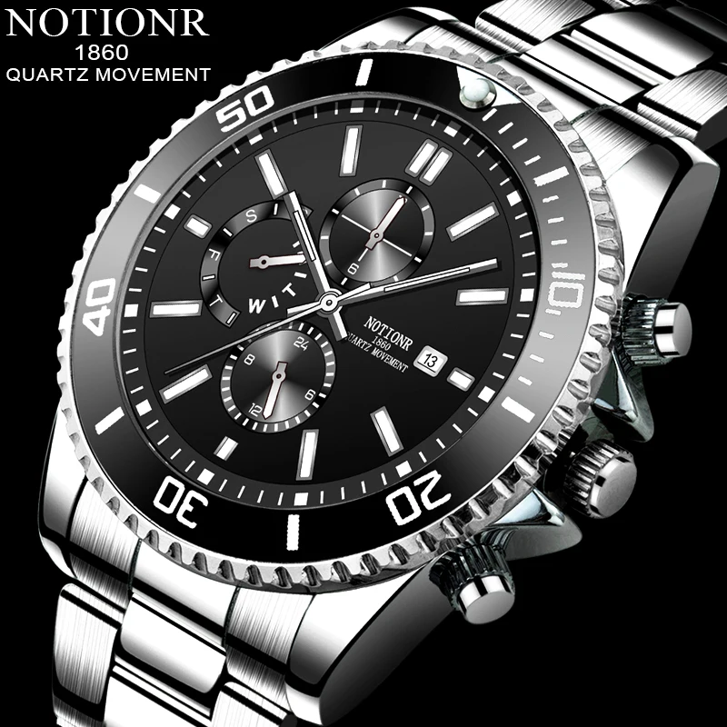 Reloj de negocios de lujo para hombre, cronógrafo de cuarzo, de acero inoxidable, resistente al agua, luminoso