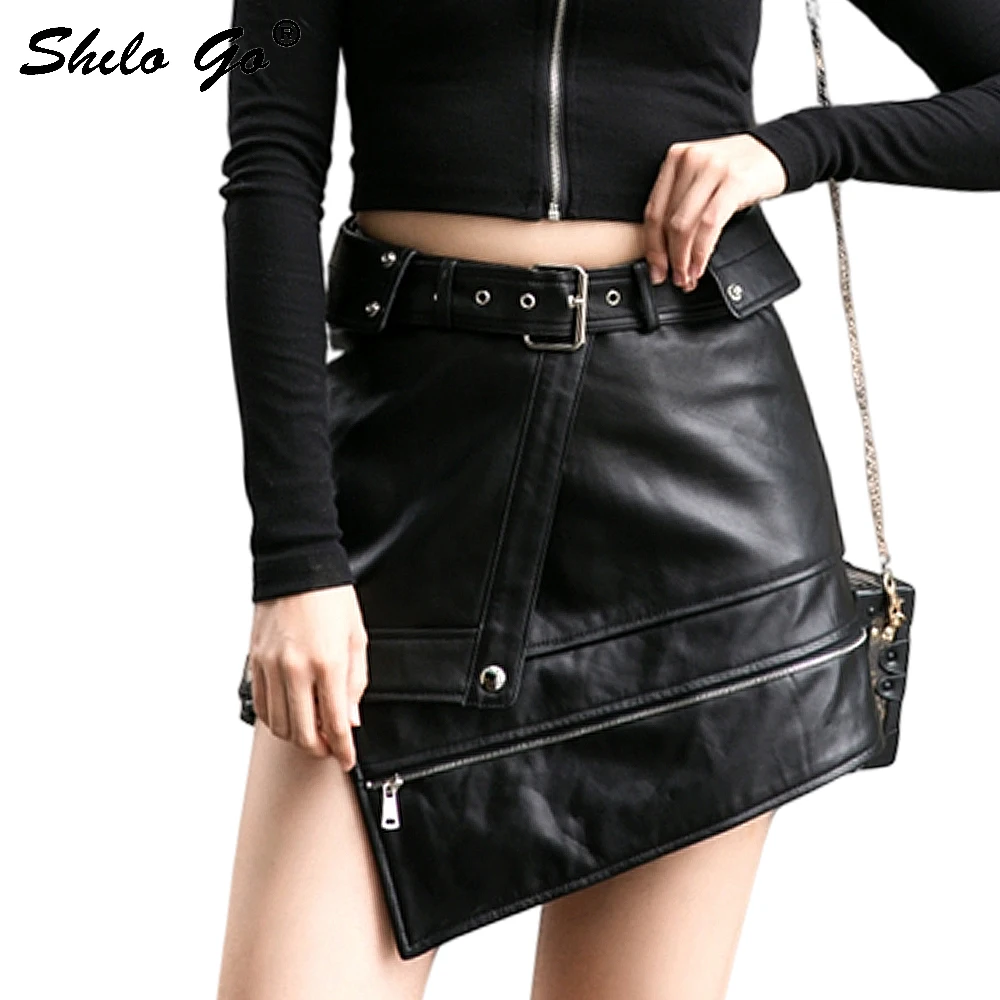 

Genuine Leather Skirts Moto Highstreet Buckle Belted Sheepskin Asymmetry Hot Skirt Women Autumn Winter Casual Black A Line Skirt