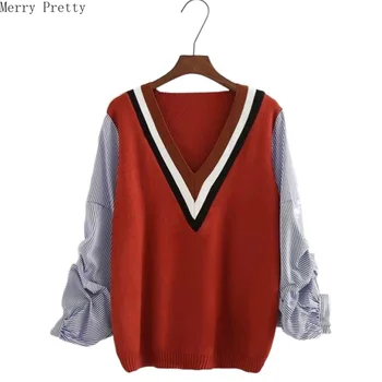 

Women Fake 2 Piece Sweater Striped Patchwork V-neck Lantern Sleeve Sweater 2020 Spring Casual Loose Basic Knitted Sweater Tops