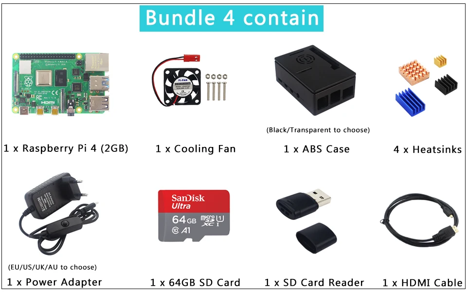 Raspberry Pi 4 Модель B+ чехол+ блок питания+ 64 Гб sd-карта+ радиатор дополнительно 3,5 дюймов сенсорный экран/вентилятор+ HDMI кабель для RPI 4