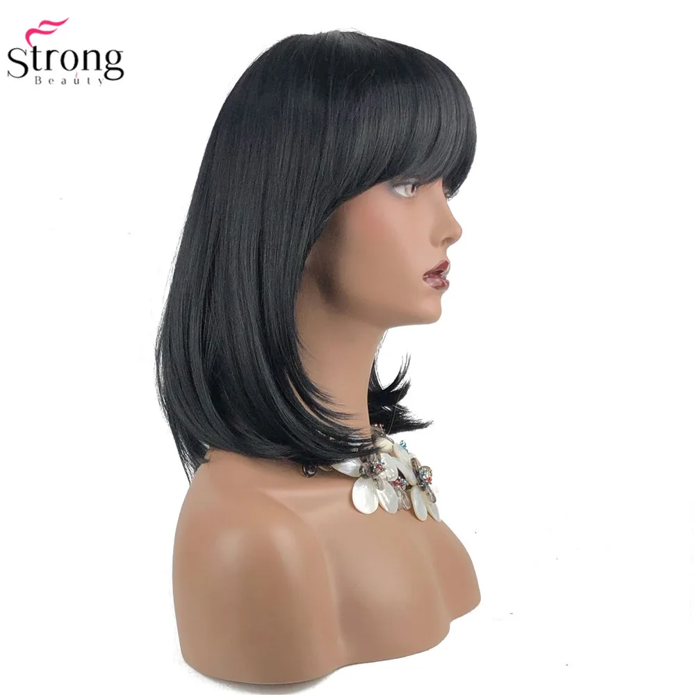 

StrongBeauty Women's Synthetic Wigs Hair Black/Brown Medium Straight Hair Neat Bang Style Natura Wig Capless