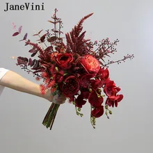 JaneVini Винтаж темно-красные шелковые цветы свадебного букеты Искусственные пион розы; обувь для невесты и подружки невесты Свадебные аксессуары, букеты