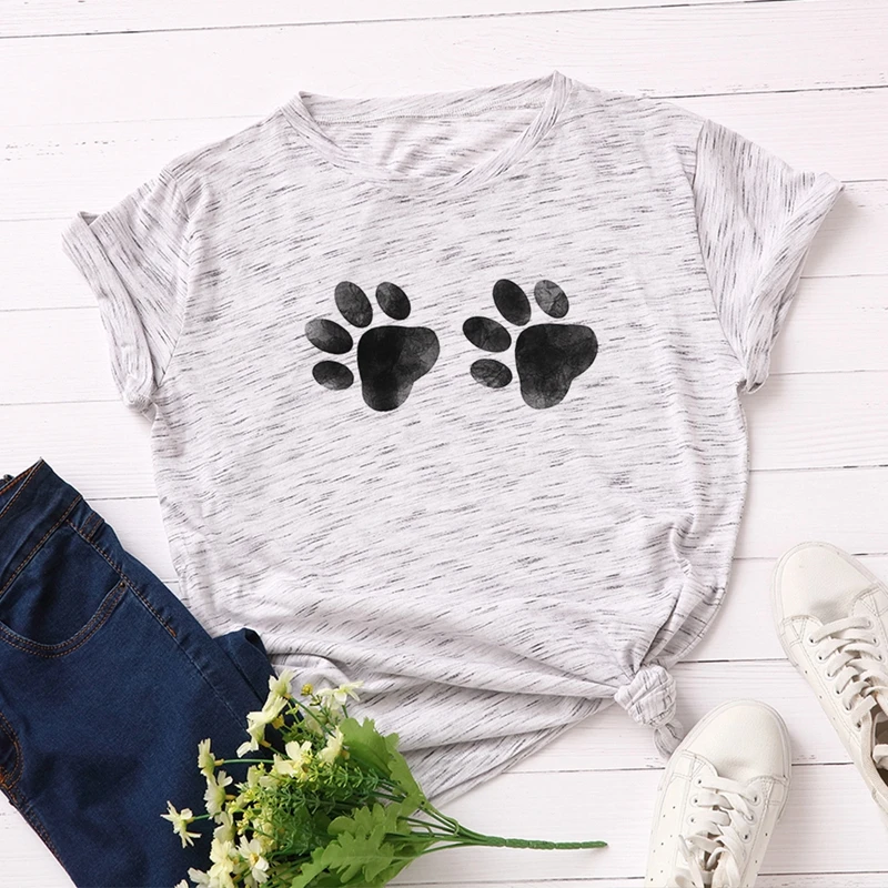 Women Cotton Plus Size T-shirt Graphic Tee Summer Tops Short Sleeve Top Tees Funny Cute Dog Paw Print T Shirts Female Shirt