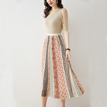 

2020 Elegant Fashion Lady 2 Pieces Set Summer Sexy Mesh Patchwork Knitted Tops+Long Print Chiffon Skirt Women Two-piece Sets
