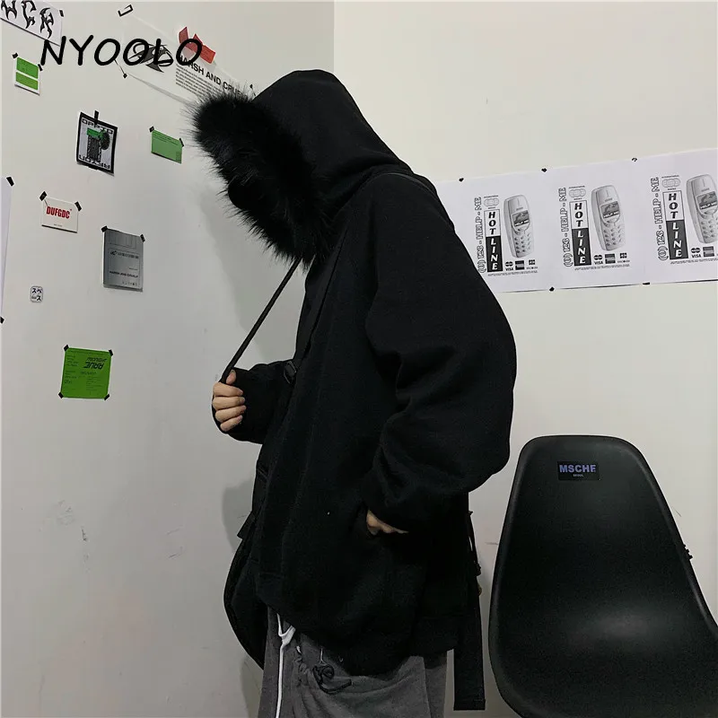 NYOOLO, винтажный уличный меховой воротник, утолщенные теплые толстовки, Осень-зима, свободный плюс бархатный пуловер, толстовка с капюшоном, женские и мужские топы