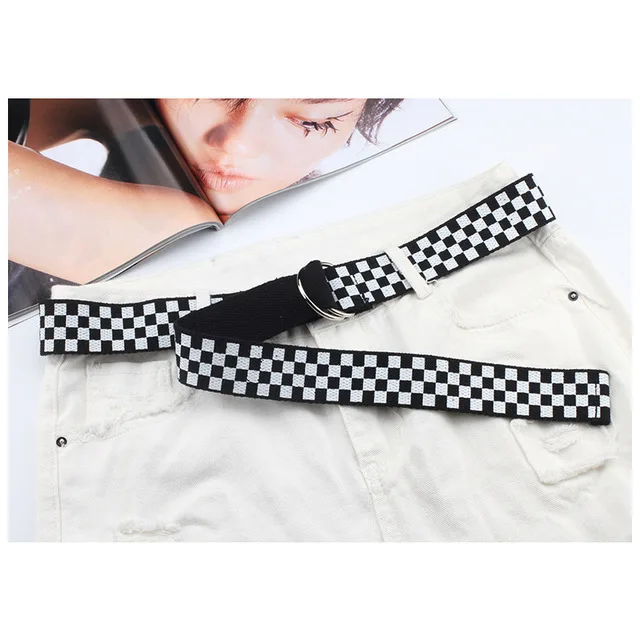 Style 2 Black Женский пояс для шахматной доски, повседневный пояс, женский холщовый ремень в клетку, черный белый клетчатый двойной d-образный ремень с пряжкой, длинный ремень 357 - Цвет: Style 2 Black