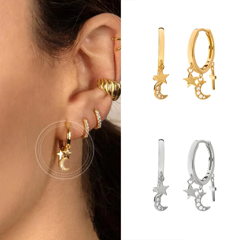 Viny Light luxury Moon Star Drop Earrings Gold Ins Zircon Small Hoop For Women Korean Jewelry Gift Fashion brincos | Украшения и