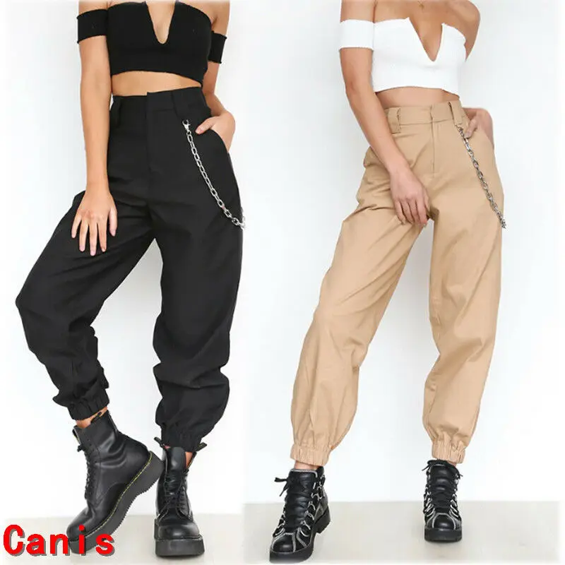 Spring Simple black Khaki chain cargo pants women high waist trousers Solid color trousers pants women streetwear plus size Pant Spring Simple black Khaki chain cargo pants women high waist trousers Solid color trousers pants women streetwear plus size Pant