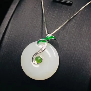 

Natural S925 Sterling Silver Hetian White Jade Round Peace Buckle Inlay Green Leaves Pendant For Trendy Women Jewelry