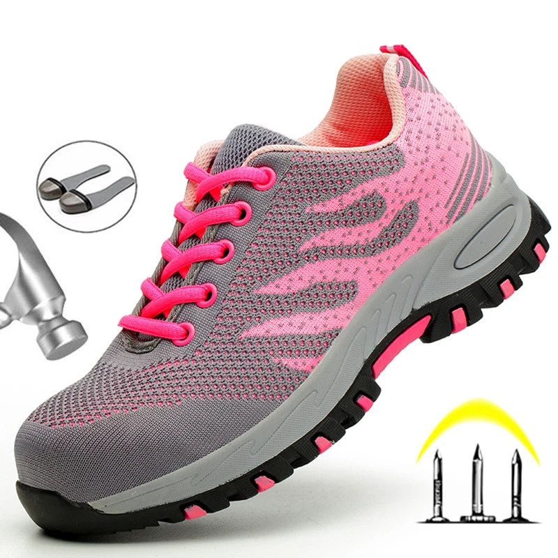 Zapatos de seguridad de trabajo con punta de acero para mujer, zapatillas ligeras y transpirables, antideslizantes, botas protectoras de seguridad