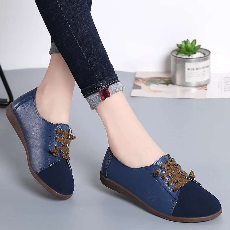 Genuine Leather Women Ladies Slip On Ballet Flats Sneakers Oxford Women Plus Size Moccasin Shoes