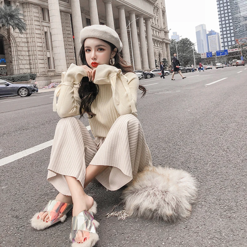 Sweater suit women Осенне-зимний вязаный женский комплект, Повседневный свитер с длинным рукавом и высоким воротником и длинные трикотажные штаны, костюм, пуловер, комплекты - Цвет: Sweater suit women