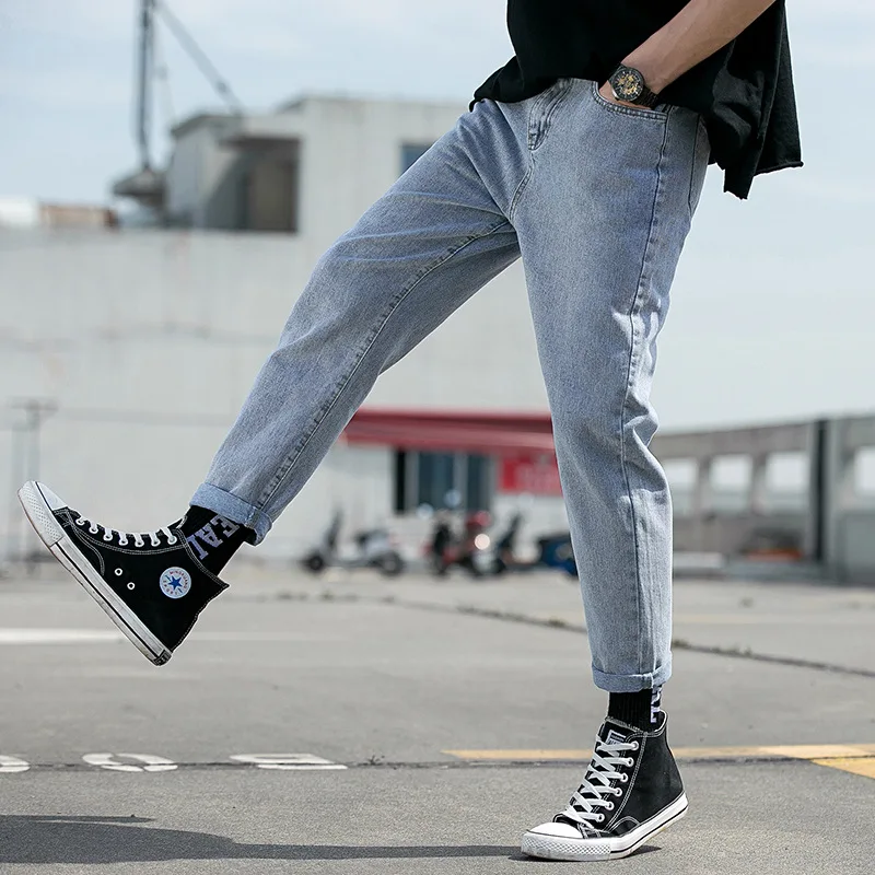 

2019 Autumn Men's New Washed Straight Jeans Men Waist Casual Comfortable Micro-elastic Side Seam Pocket Nine Pants