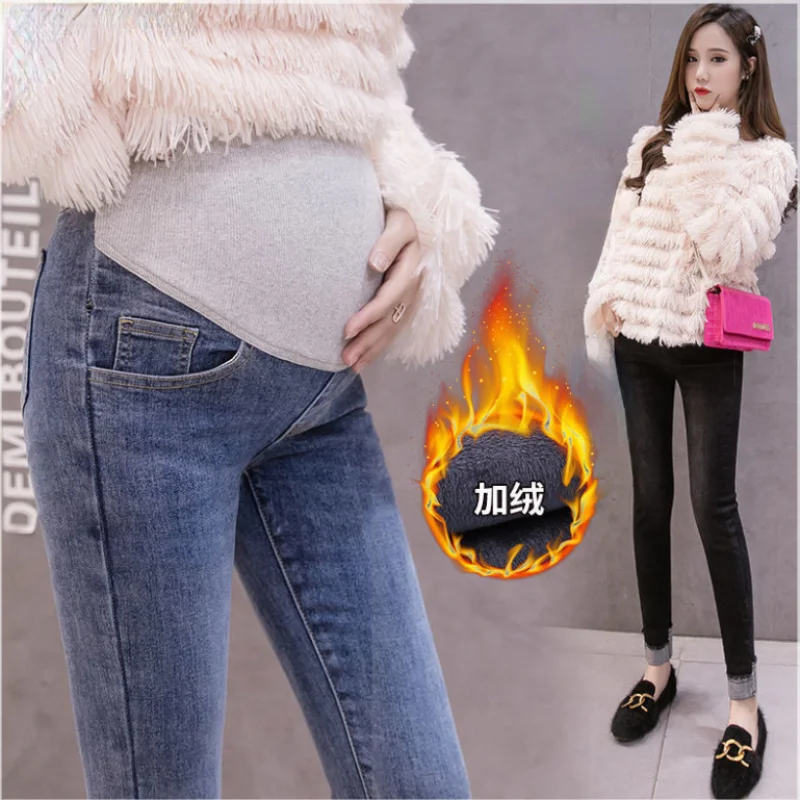 Pregnant women's jeans thickened stretch high-waist pencil pants casual plus velvet