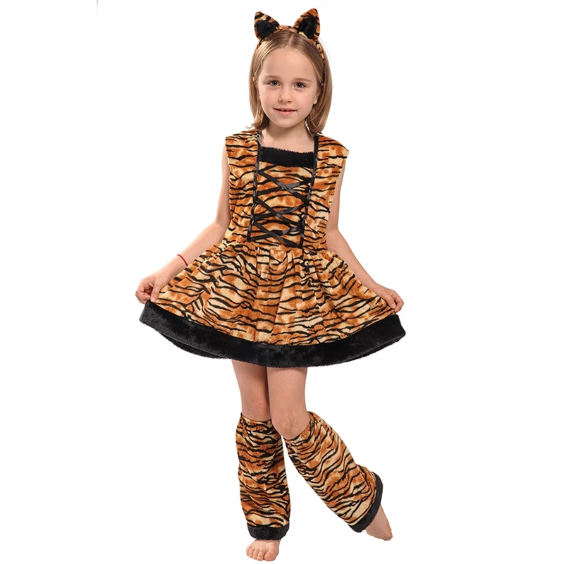 

Kids Halloween Cosplay Party Costume Dress Little Girls Cute Tiger Dress Leg-sleeve With Headband #p