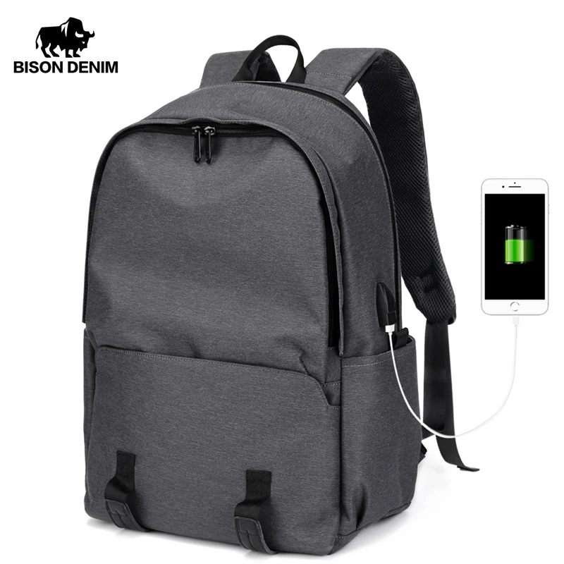 BISON джинсовый деловой мужской рюкзак usb зарядка офисный Рабочий рюкзак 1" ноутбук рюкзак мужские сумки на плечо для работы N2872 - Цвет: Black