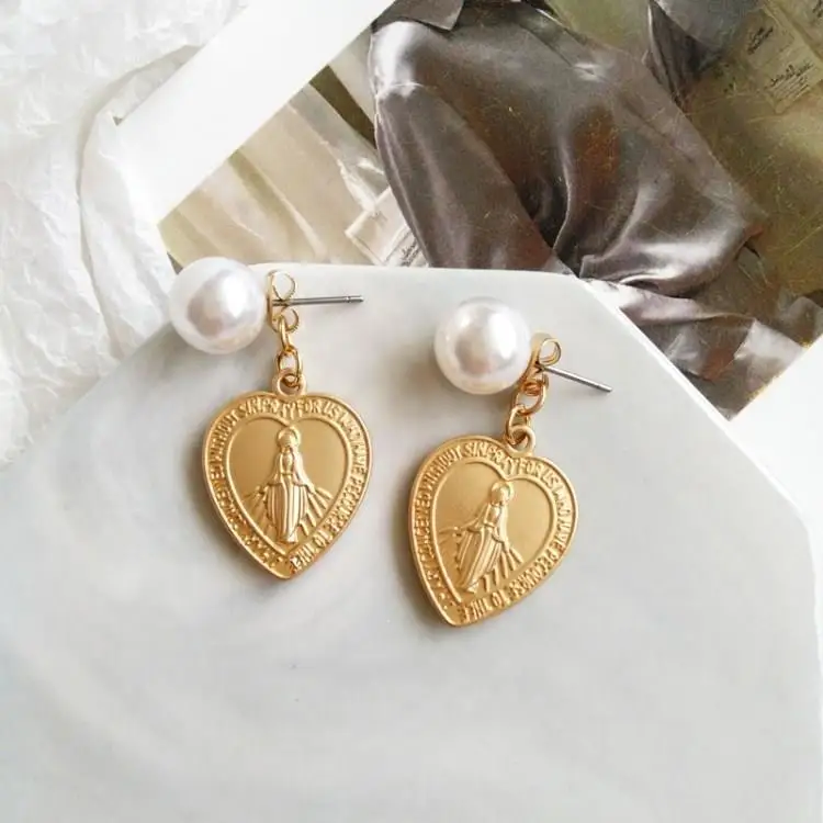 

Virgin Mary Earrings Heart Gold Color Trendy Religious Jewelry Gifts Geometric Imitation Pearl Cross Drop Earrings