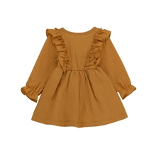 Хлопковый льняной Топ; платье для девочек; однотонная одежда с длинными рукавами и оборками; сезон весна-осень