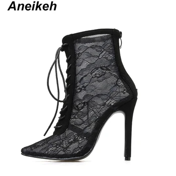 Aneikeh Black Mesh Women's Boots Fashion Pointed Toe Lace-up High Heels Women Transparent Ankle Boots Female Sandals Pumps Dress 2