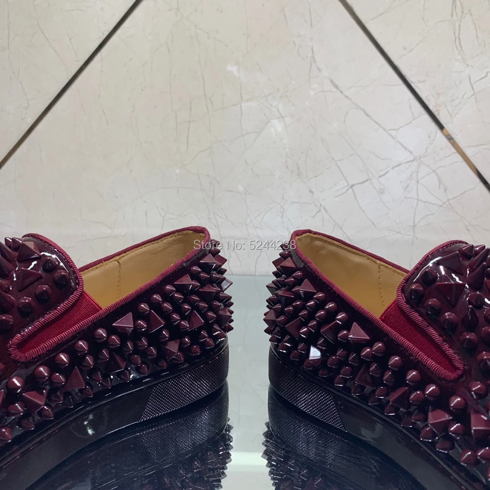 Low Cut Handmade Red wine Patent Leather Messy Whole Rivets Fashion Party Prom Loafers Red bottoms Shoes For Men casual loafers